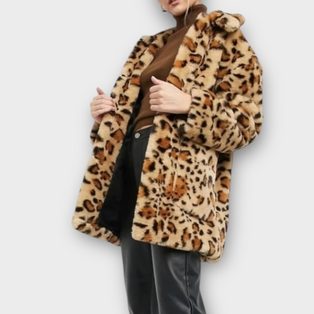 NEW Topshop Faux Fur Coat Jacket Womens US 6 Plush Leopard Animal Print Mobwife